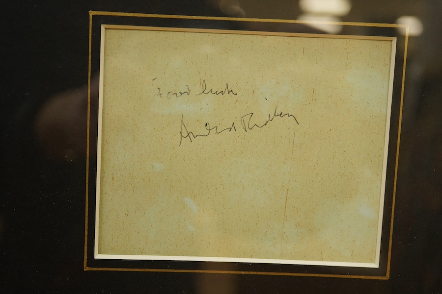 A framed and mounted display of ten autographs from the cast of Dad's Army, together with two photographs, signatures include